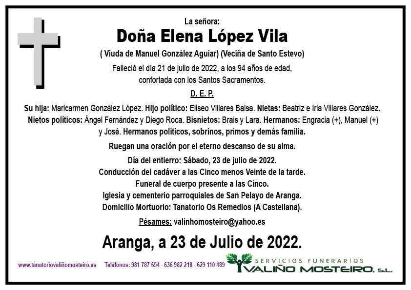 Esquela de Elena López Vila.
